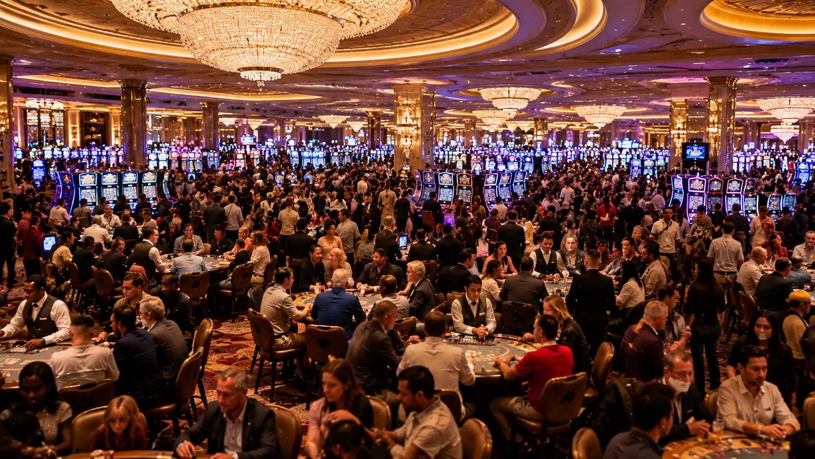 Wide-angle interior of a packed Las Vegas Strip casino floor at peak evening hours with glowing slot machines and busy gaming tables