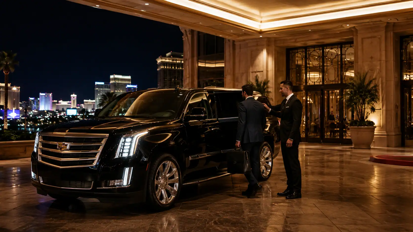 Professional chauffeur in black suit opening Cadillac Escalade door for passenger at Las Vegas luxury hotel entrance at night
