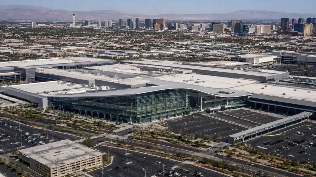 Aerial daytime view of the Las Vegas Convention Center campus showing the West Hall glass facade and multiple convention halls demonstrating the scale of Las Vegas convention infrastructure