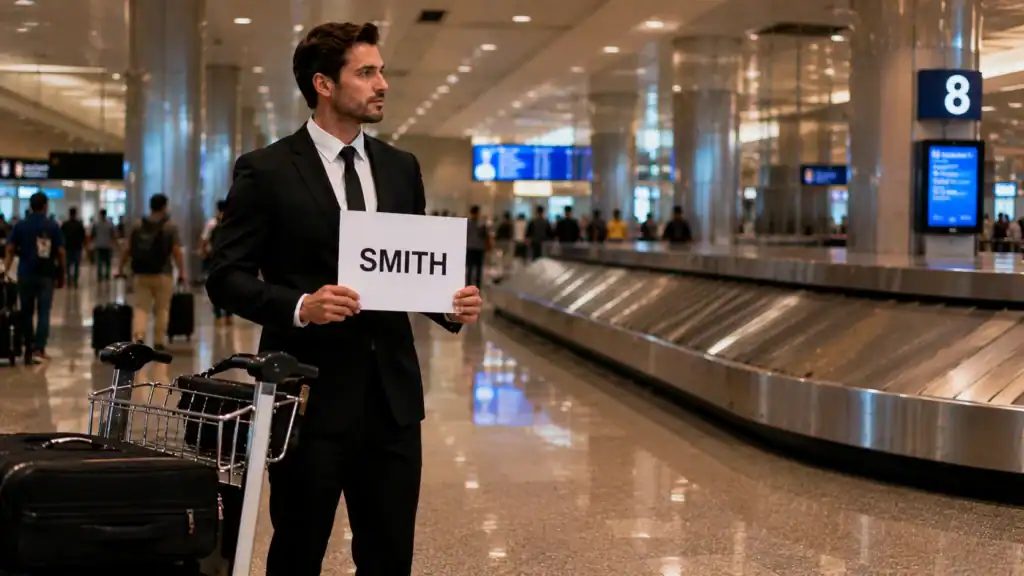 Professional male chauffeur in black suit holding name placard at Harry Reid International Airport Las Vegas baggage claim