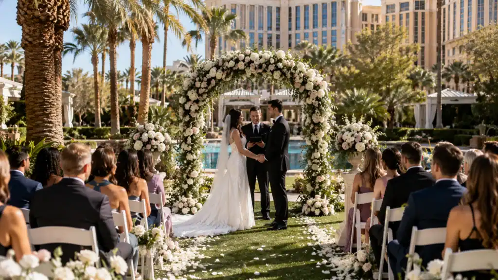 Elegant outdoor wedding ceremony at a Las Vegas hotel garden with a couple at a floral arch altar guests in white chairs afternoon sunshine and hotel architecture in the background