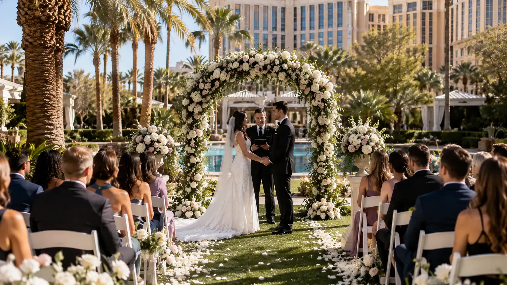 Elegant outdoor wedding ceremony at a Las Vegas hotel garden with a couple at a floral arch altar guests in white chairs afternoon sunshine and hotel architecture in the background
