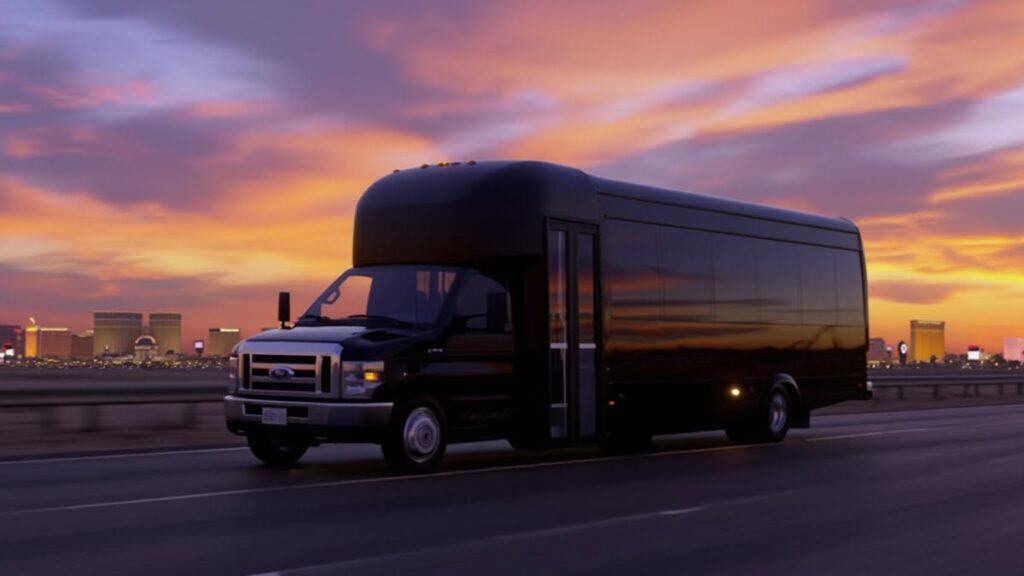 Las Vegas Shuttle Bus At Sunset Driving From Airport