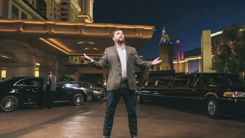 Man Dramatically Pondering His Luxury Ride Choice Between A Mercedes S550 And A Stretch Limo In Las Vegas