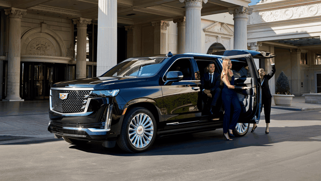 Newer Black Cadillac Escalade Suv With Driver Chauffeur Wearing A Suit And Passengers Leaving From The Back Seat Dropping Them Off In Las Vegas At The Caesars Palace Hotel