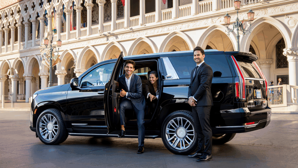 Newer Black Cadillac Escalade Suv With Driver Chauffeur Wearing A Suit And Passengers Leaving From The Back Seat Dropping Them Off In Las Vegas At The Venetian Hotel