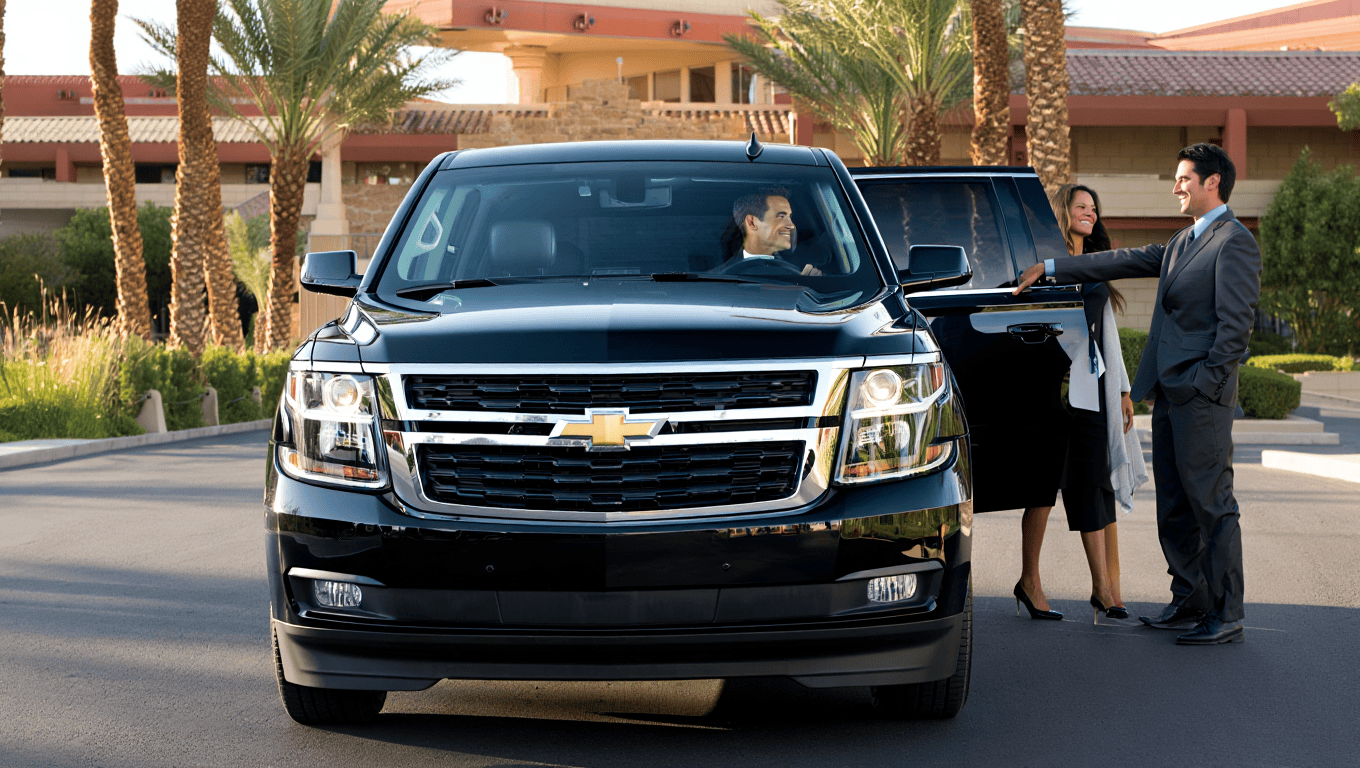 Chauffeured Chevrolet Suburban SUV dropping guests off at TPC at Summerlin golf course in Las Vegas - Personal Sedan Services