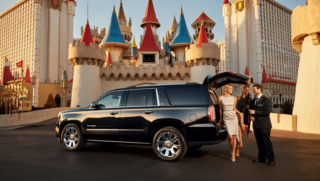 Chauffeured black GMC Yukon Denali SUV dropping guests off at the Excalibur Hotel in Las Vegas - Personal Sedan Services