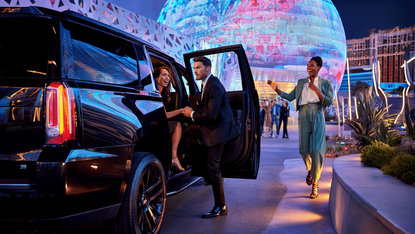 Chauffeured black GMC Yukon Denali SUV dropping guests off at the Sphere in Las Vegas - Personal Sedan Services