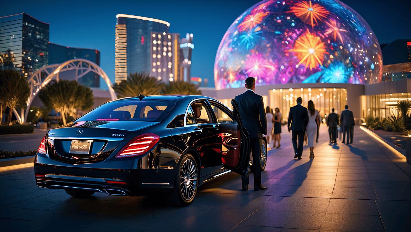 Chauffeured Mercedes-Benz S550 dropping guests off at The Sphere in Las Vegas - Personal Sedan Services