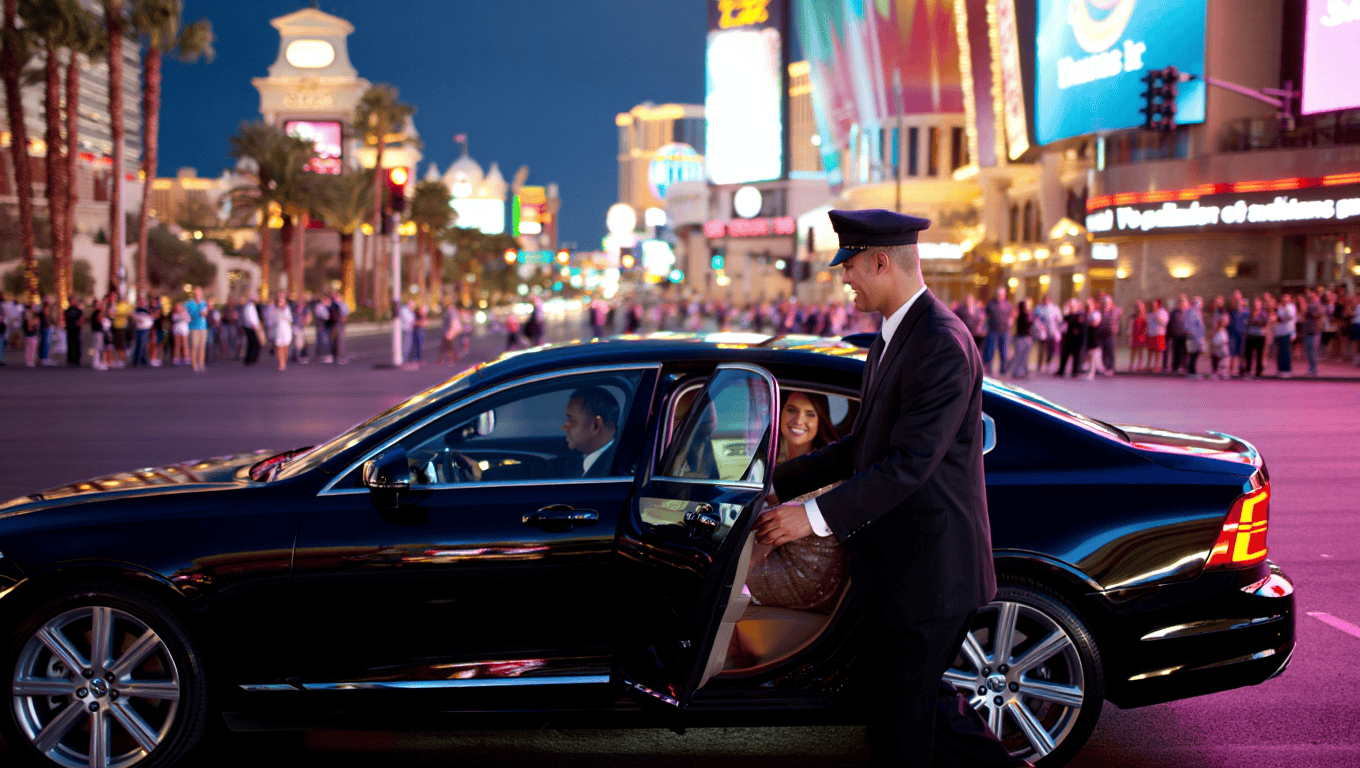 Chauffeured Volvo S90 sedan dropping passengers off on the Las Vegas Strip - Personal Sedan Services
