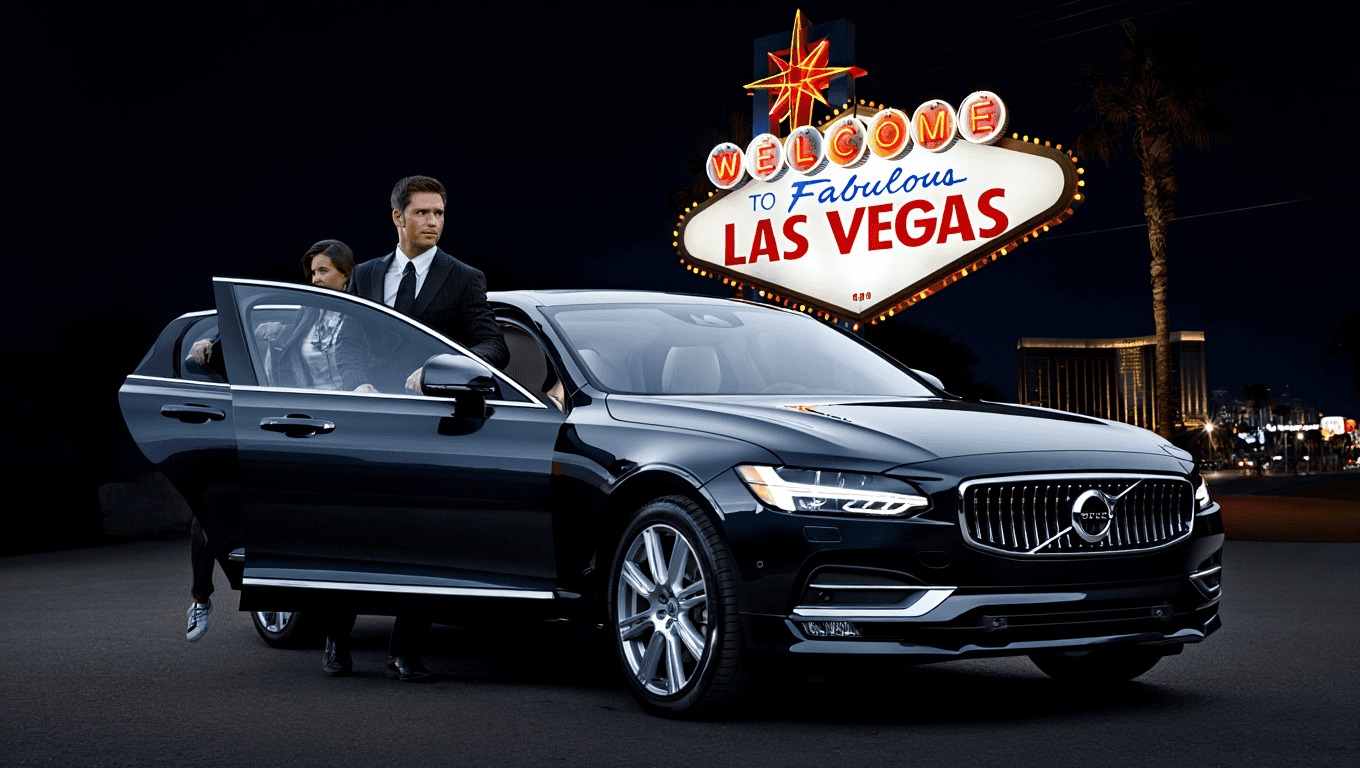 Volvo S90 sedan at the Welcome to Las Vegas sign - Personal Sedan Services