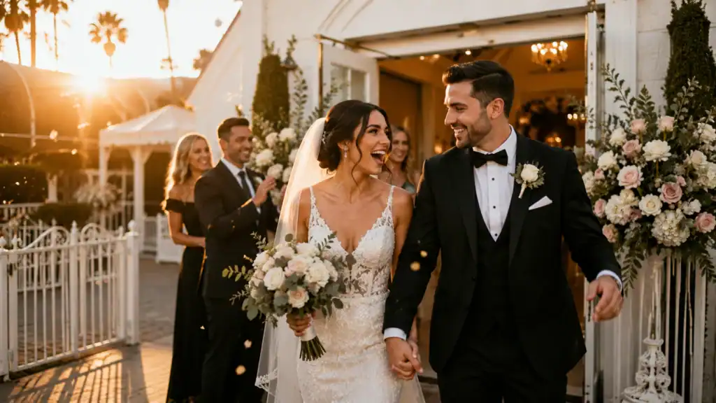Newly Married Couple Exiting The Little White Chapel In Las Vegas Right After Their Wedding Ceremony Moments Before