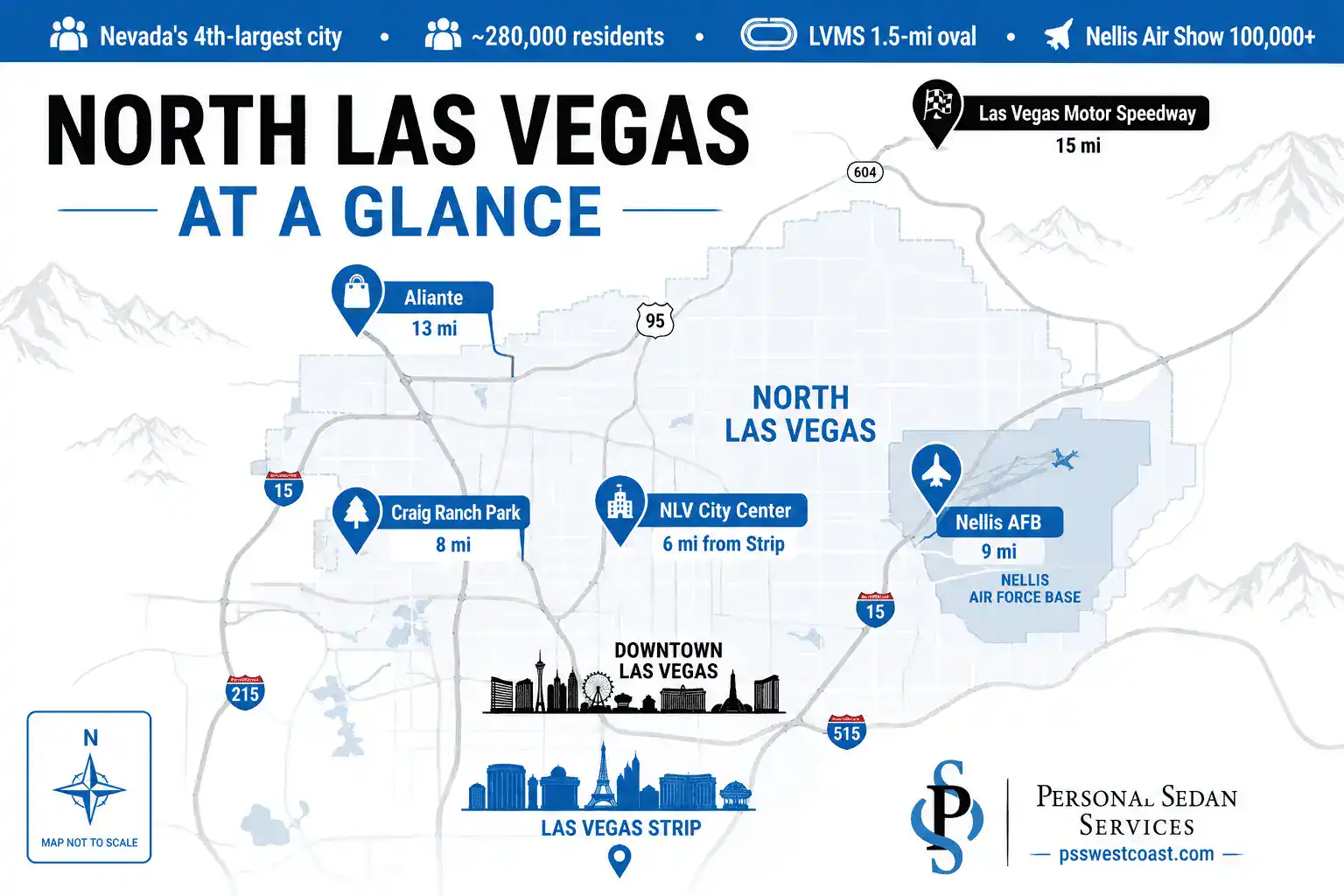 North Las Vegas NV Overview Map Motor Speedway Nellis AFB Distance From Strip Infographic – Personal Sedan Services Stylized map infographic of North Las Vegas Nevada showing the Las Vegas Motor Speedway, Nellis AFB, Craig Ranch Park, and Aliante with distances from the Las Vegas Strip