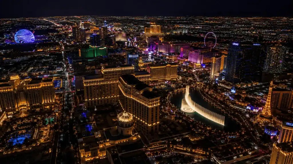 Aerial nighttime view of Paradise Nevada — the unincorporated community that contains the Las Vegas Strip, showing Bellagio fountains and the Sphere lit at night