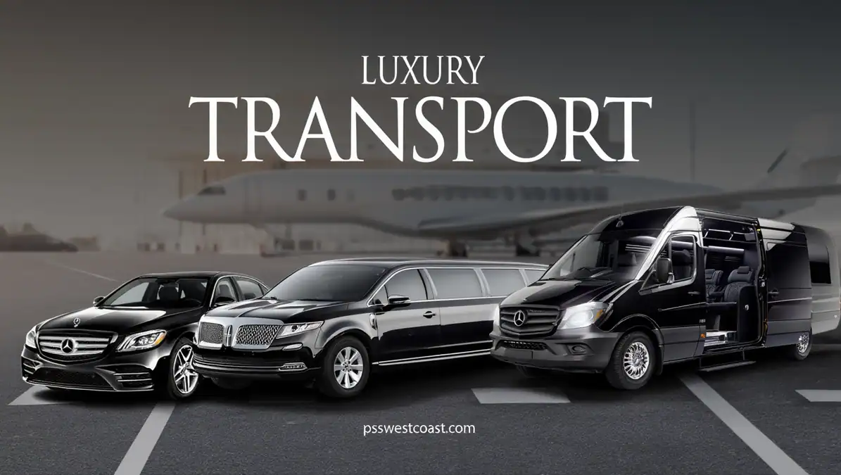 Luxury transport banner with black sedan limousine and sprinter fleet lined up at an airport for Las Vegas corporate event transportation