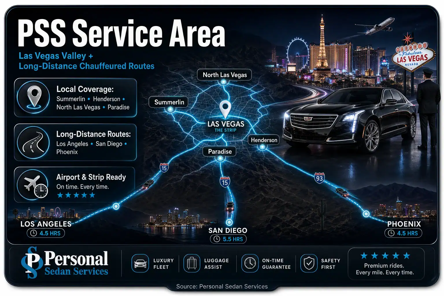 Personal Sedan Services luxury transportation service area map for the Las Vegas Valley and Nevada
