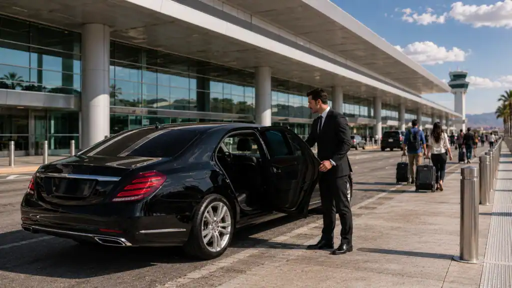 Personal Sedan Services Mercedes S550 at Las Vegas Airport Terminal 1 for Spirit Airlines arriving passenger pickup