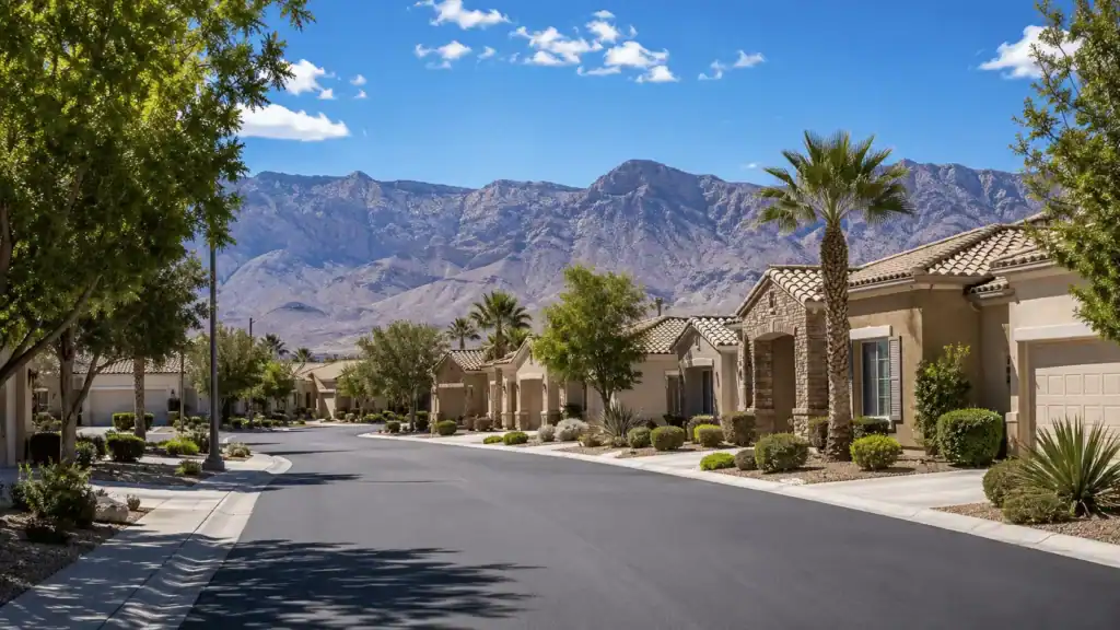 Residential neighborhood in Spring Valley Nevada with tree-lined streets desert landscaping and mountain backdrop representing west Las Vegas suburban living