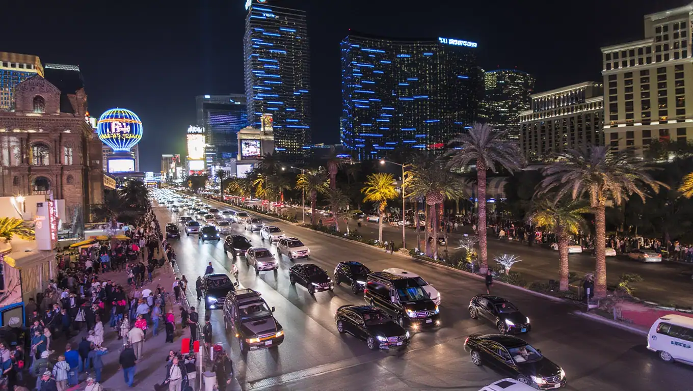 Las Vegas Strip Skyline and cars filling the streets DMC Overview