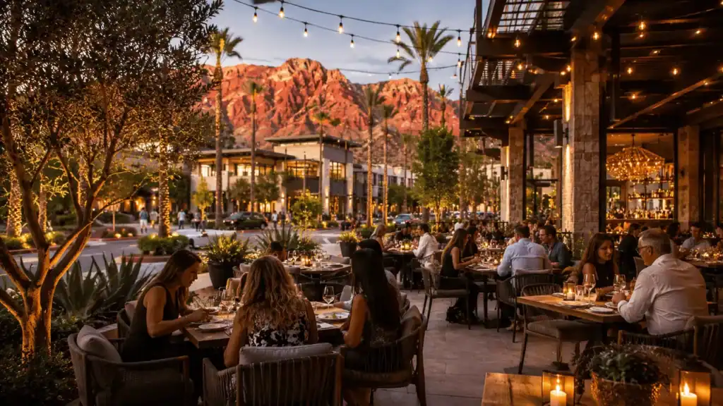 An upscale restaurant patio in Downtown Summerlin at golden hour with set tables, string lights, diners, and red rock mountains in the background