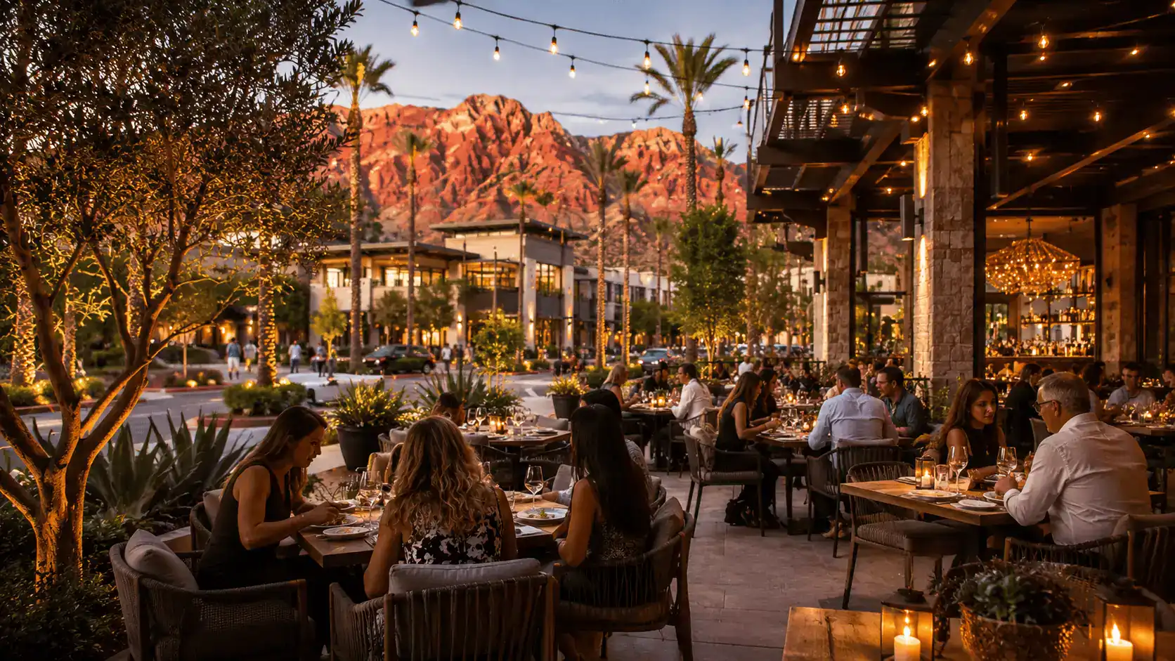 An upscale restaurant patio in Downtown Summerlin at golden hour with set tables, string lights, diners, and red rock mountains in the background