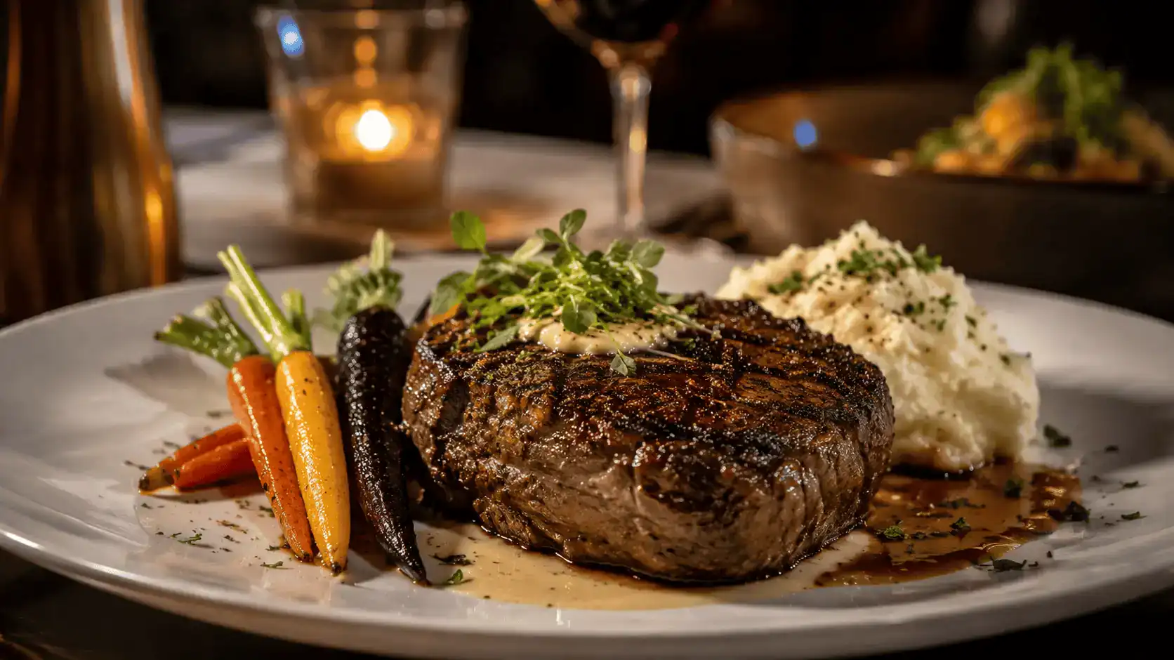 A beautifully plated seared steak with sides at an upscale Summerlin steakhouse in warm restaurant lighting