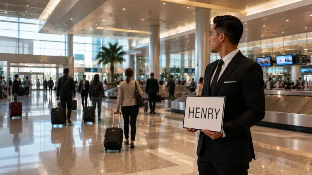 Professional chauffeur in black suit at Las Vegas Airport Terminal 3 baggage claim for United Airlines passenger meet and greet service