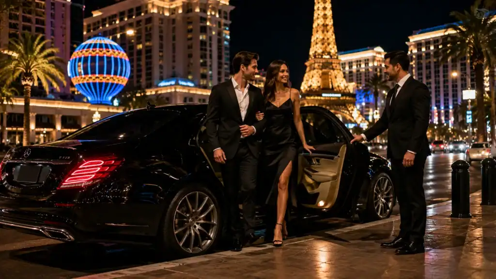 Professional chauffeur in black suit opening door for passengers beside black Mercedes S550 on the Las Vegas Strip at night