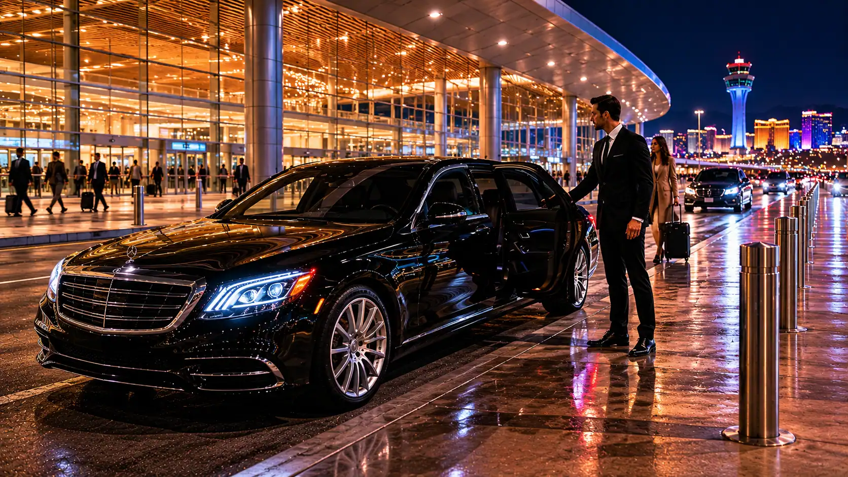 Personal Sedan Services Mercedes S550 at Las Vegas Airport Terminal 3 night for Virgin Atlantic London Gatwick international arrivals