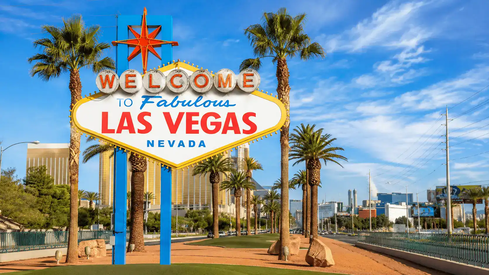 The Welcome to Fabulous Las Vegas sign on Las Vegas Boulevard, which is itself located in Paradise Nevada with the Strip resorts behind it