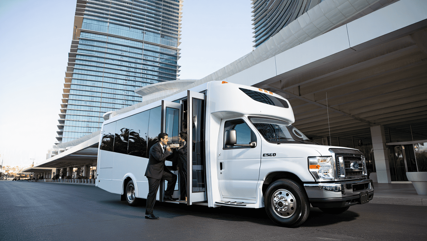 Black Ford E-450 shuttle bus dropping a group off in Las Vegas at the ARIA - Personal Sedan Services