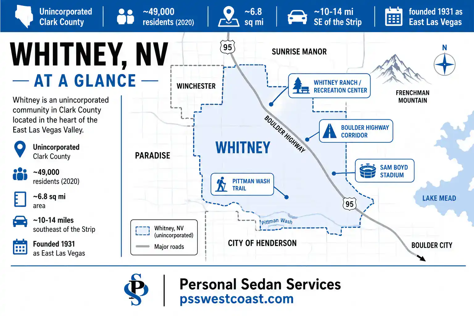 Whitney Nevada At A Glance Map Infographic Boulder Highway Henderson East Las Vegas – Personal Sedan Services Map infographic of Whitney Nevada showing its borders with Paradise, Winchester, Sunrise Manor and Henderson, with Boulder Highway running toward Lake Mead