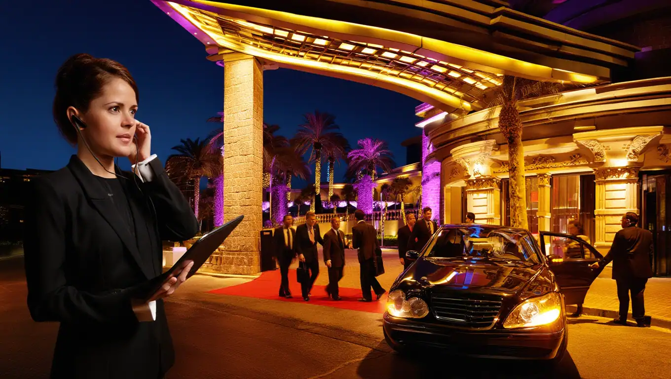 Destination Management Coordinator outside a scheduled event with arrival of guests and Personal Sedan Services chauffeured vehicles fleet