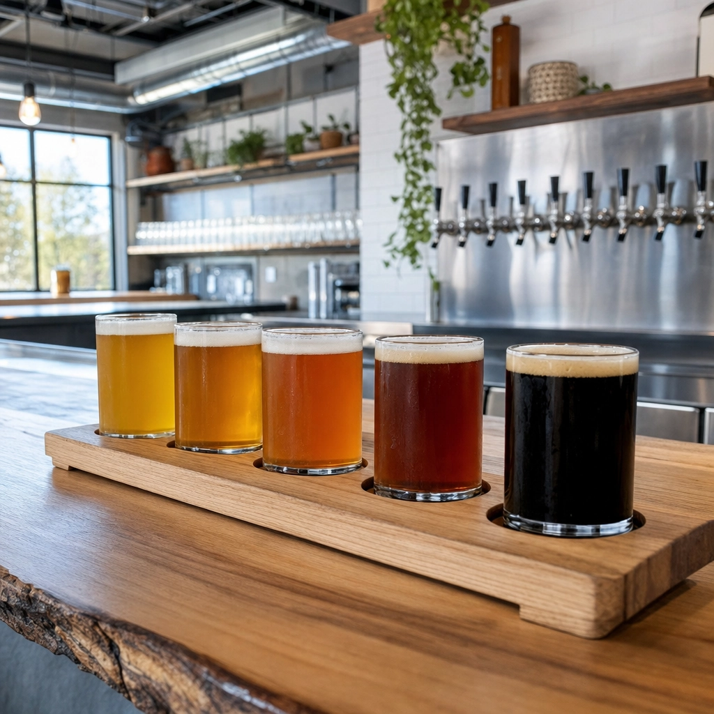 Able Baker Brewing Craft Beer Taproom – Personal Sedan Services Flight of craft beers on a wood bar with a wall of taps in a bright brewery taproom