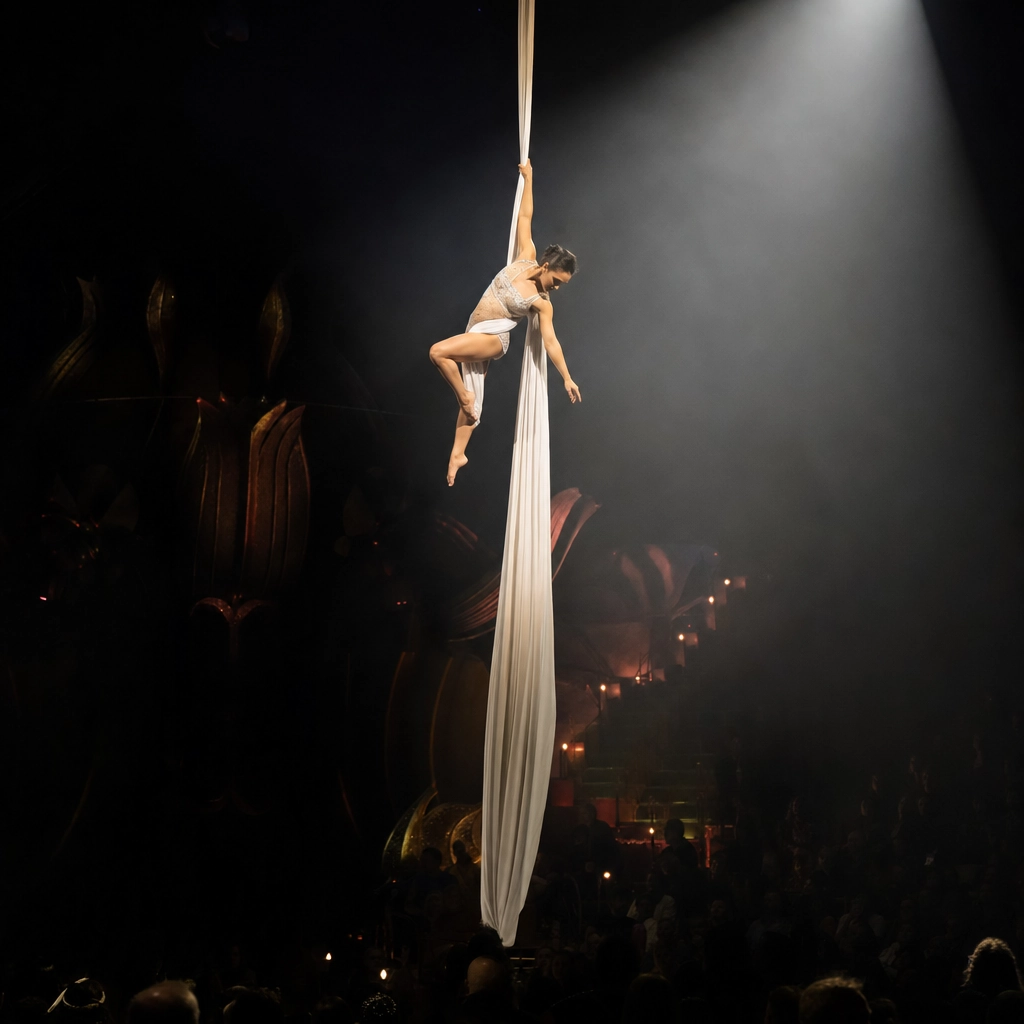 Aerial acrobat performing high above a spotlit stage at a Cirque-style Las Vegas show