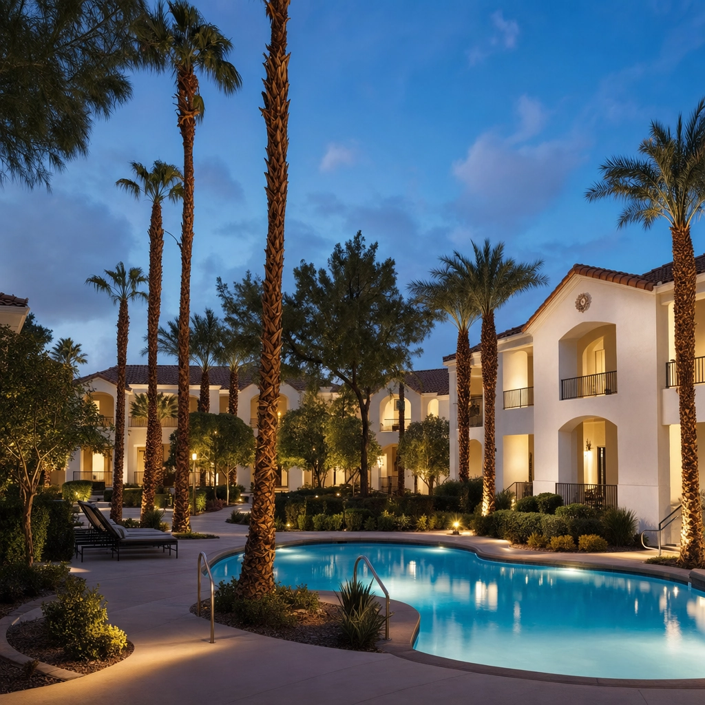 Alexis Park All-Suite Garden Resort Near Las Vegas Airport – Personal Sedan Services Quiet low-rise all-suite garden resort with courtyards and pool near the Las Vegas airport at dusk