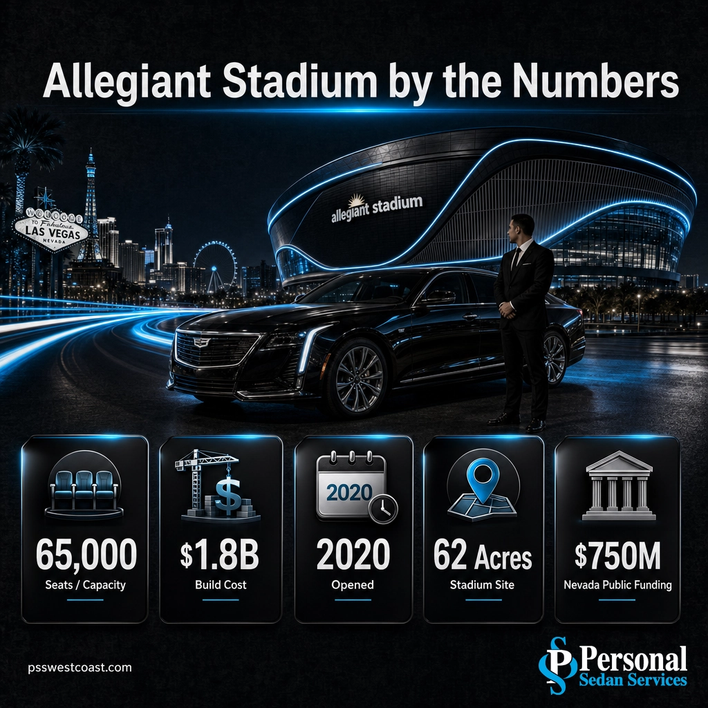 Infographic of Allegiant Stadium key figures: 65,000 seats,  alt=