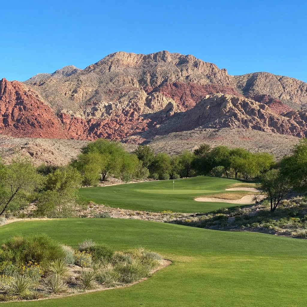 Angel Park Golf Summerlin Red Rock Views – Personal Sedan Services Angel Park golf fairway in Summerlin with Red Rock mountains behind
