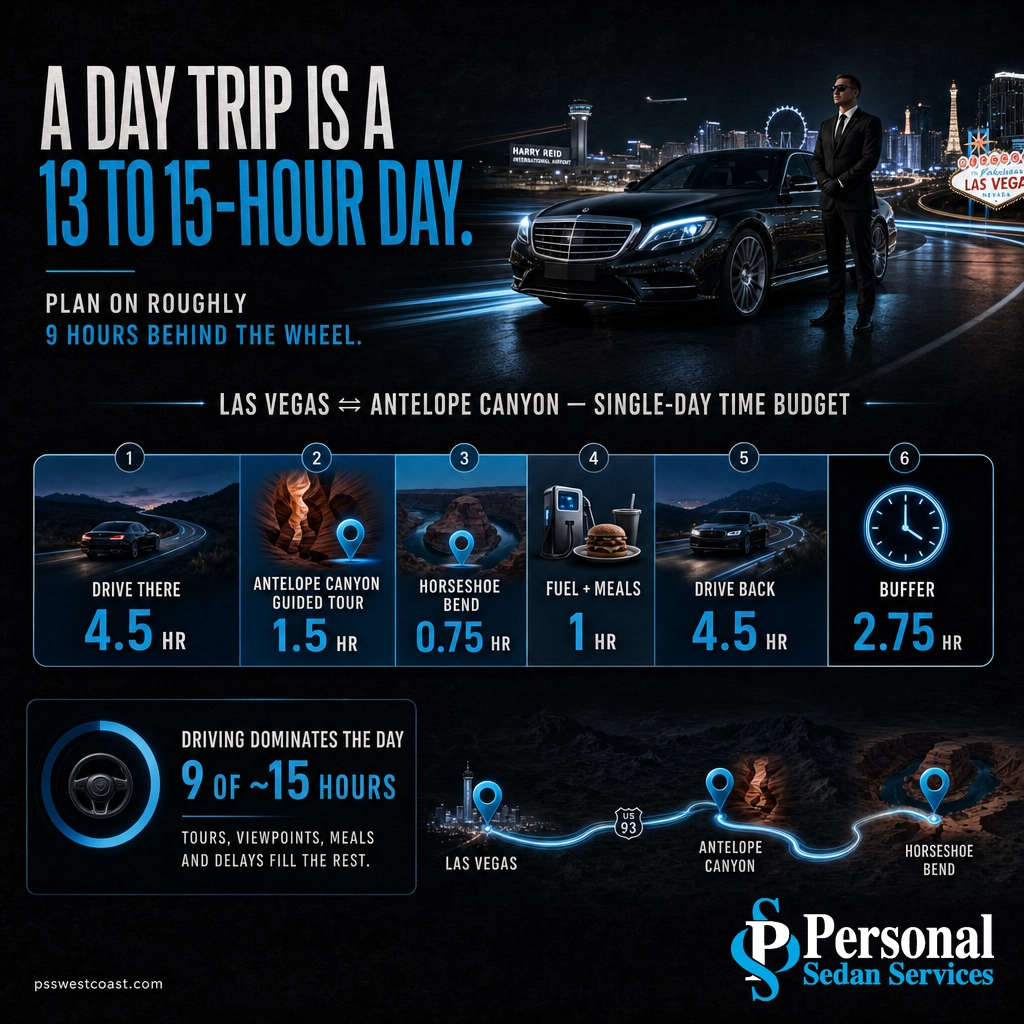 Antelope Canyon Day Trip Time Budget From Las Vegas – Personal Sedan Services Infographic breaking down a 13 to 15-hour Antelope Canyon day trip from Las Vegas by activity