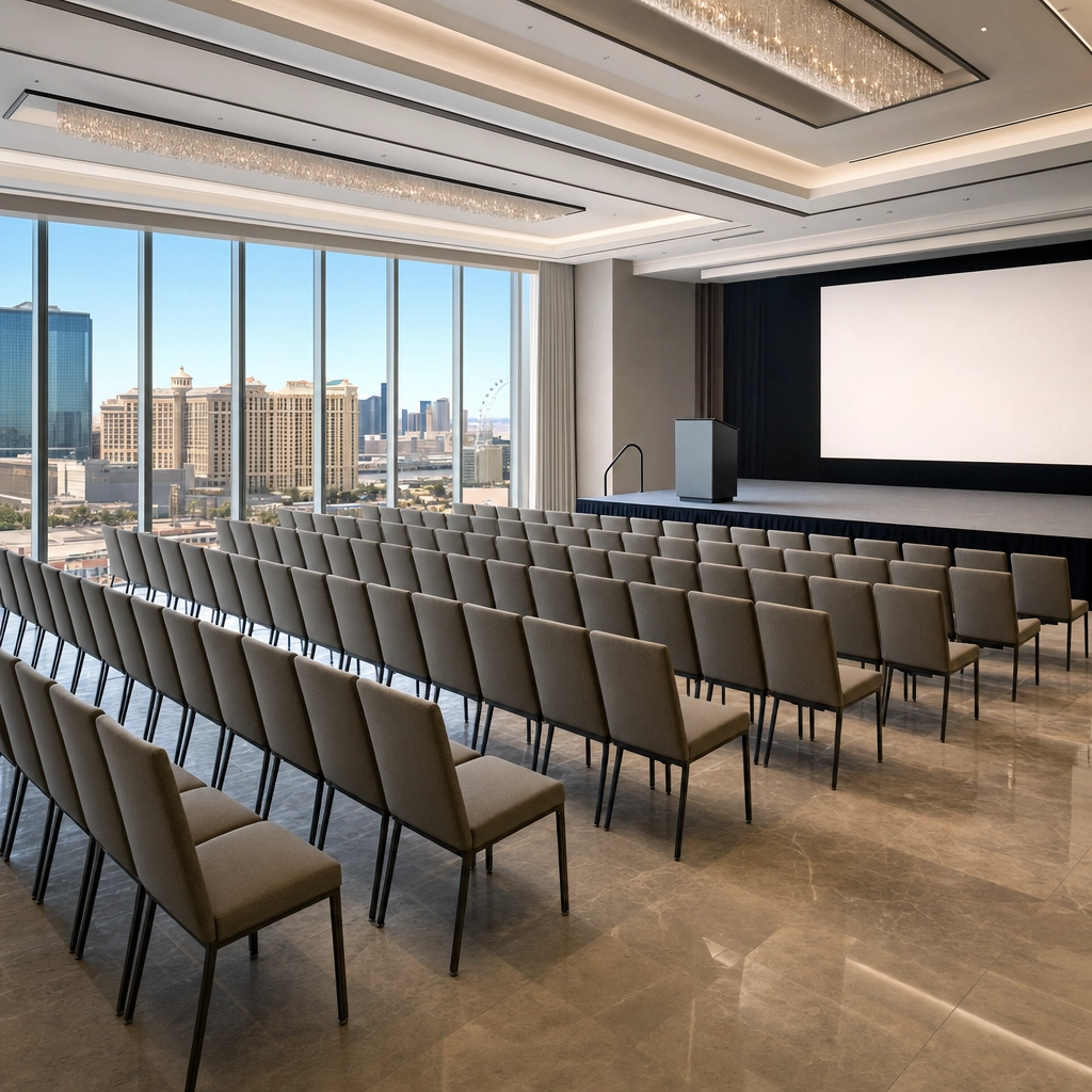 ARIA Daylight Column-Free Corporate Meeting Ballroom – Personal Sedan Services Modern daylight Las Vegas ballroom with floor-to-ceiling windows set theater-style for a corporate meeting