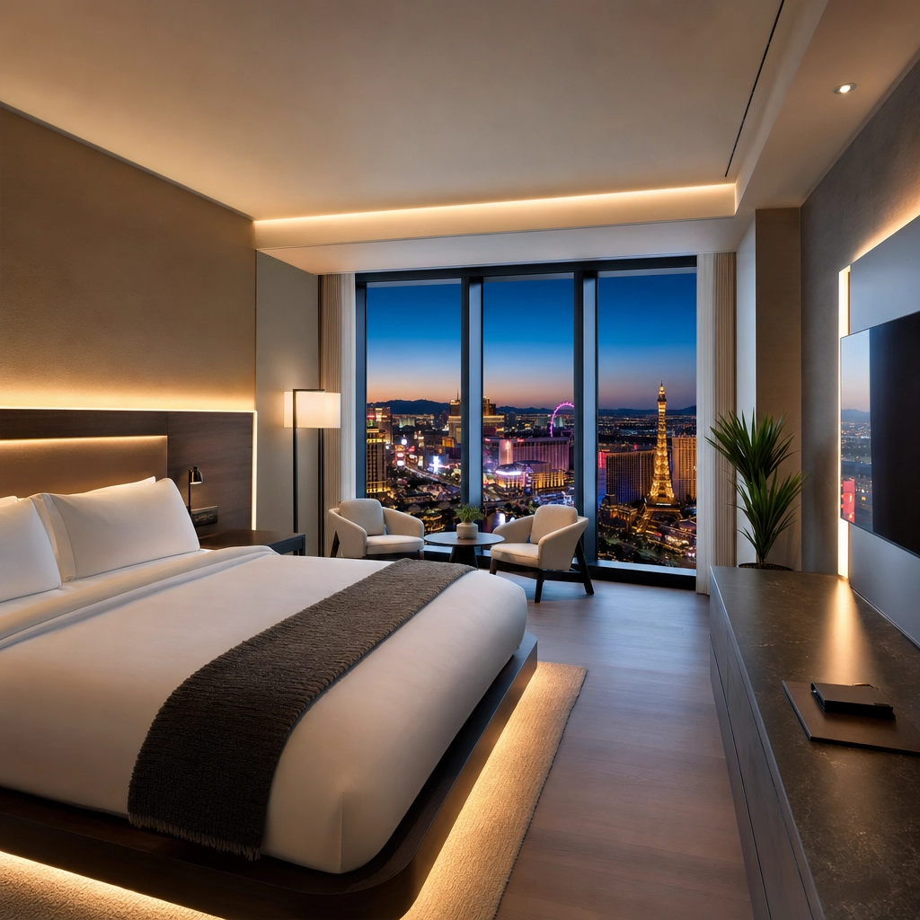 ARIA Modern Tech-Forward Luxury Room – Personal Sedan Services Sleek modern luxury hotel room with automated lighting and a center Las Vegas Strip view, representing ARIA