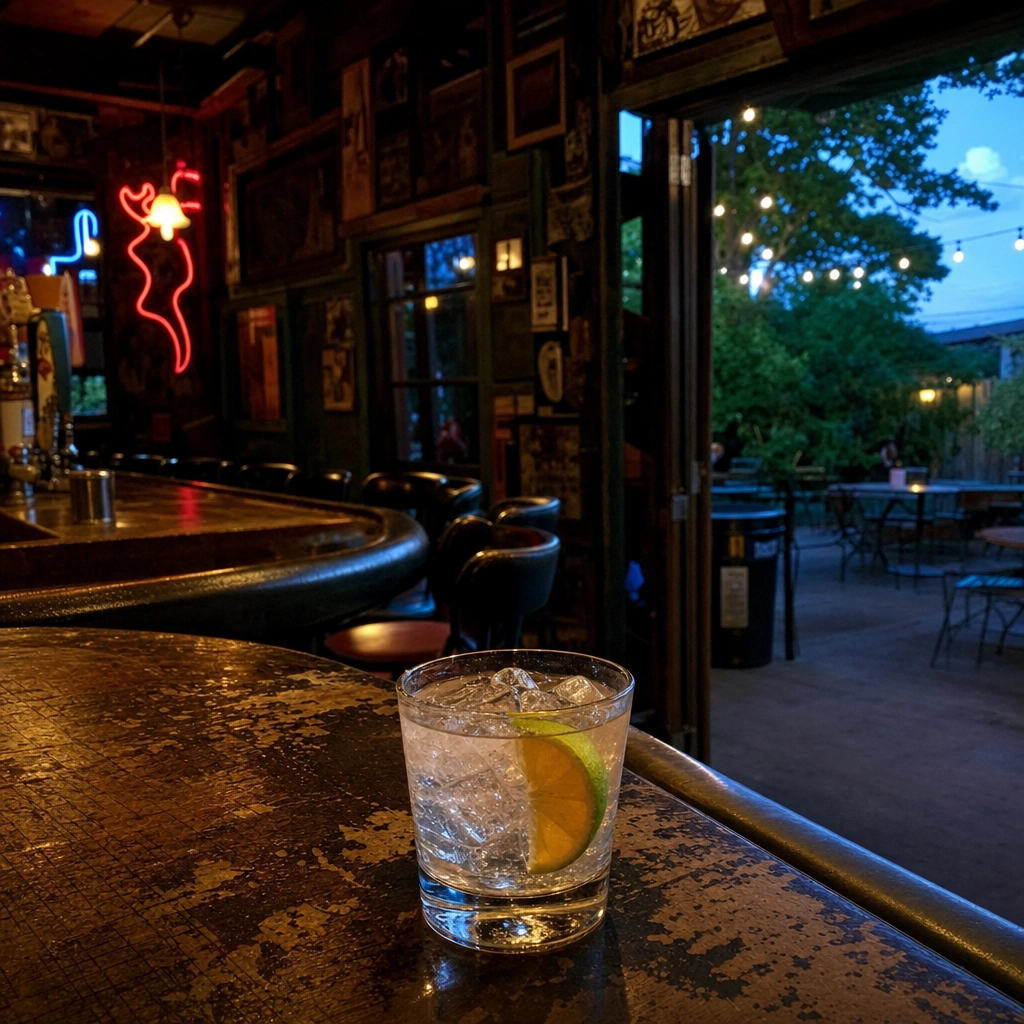 Atomic Liquors Historic Dive Bar – Personal Sedan Services Classic cocktail on a worn bar top at a historic neon-lit Las Vegas dive bar at dusk