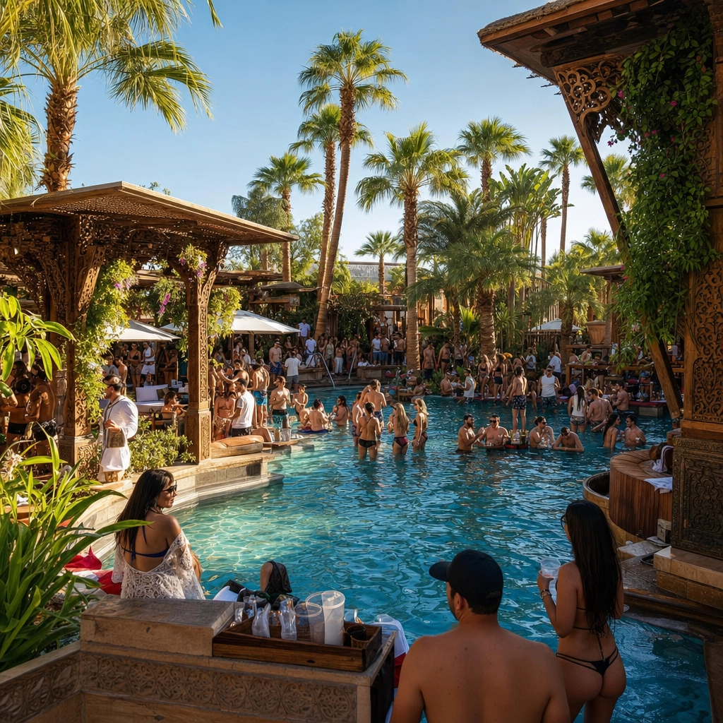 Ayu Dayclub Bali Inspired Las Vegas Pool – Personal Sedan Services Bali-inspired Las Vegas dayclub pool with tropical trees, carved shade structures and a daytime crowd