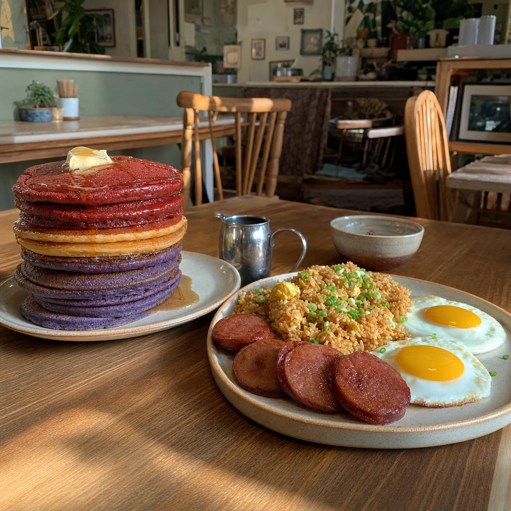 Babystacks Cafe Specialty Pancakes Local Breakfast Las Vegas – Personal Sedan Services Stack of specialty pancakes and a Filipino-Hawaiian breakfast plate at Babystacks Cafe in Las Vegas