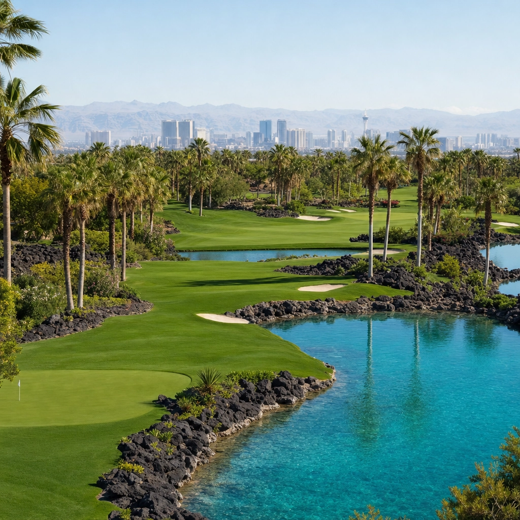 Bali Hai Golf Club Tropical Las Vegas Strip – Personal Sedan Services Tropical palms and water hazards at Bali Hai Golf Club beside Las Vegas Boulevard