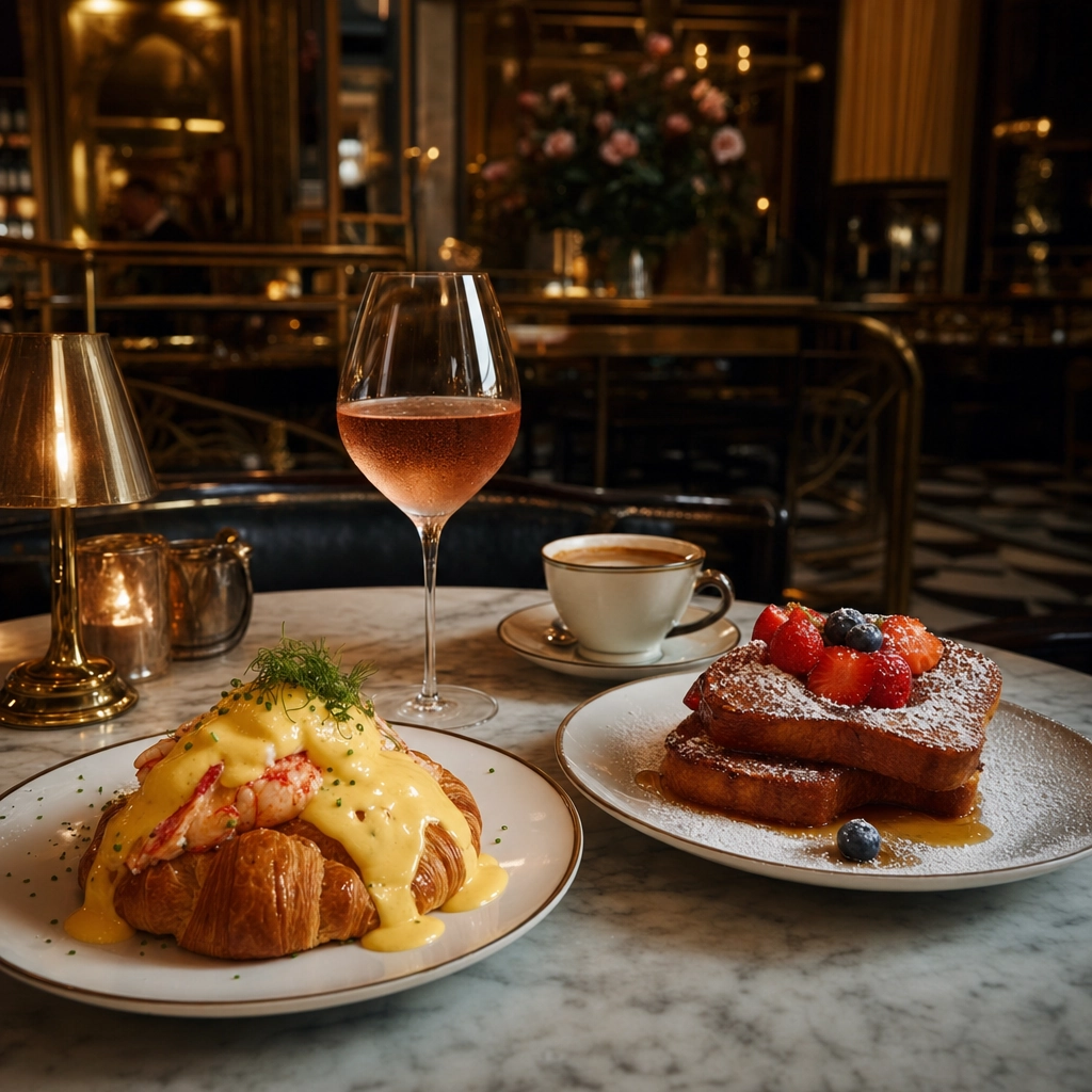 Bardot Brasserie Parisian Brunch ARIA Las Vegas – Personal Sedan Services Elegant French brunch spread of lobster Benedict and French toast at a Parisian-style Las Vegas restaurant