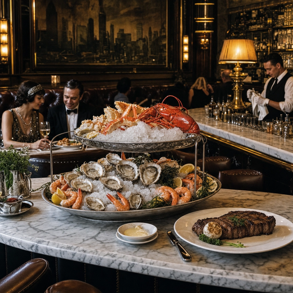 Bavette's Moody 1920s Steakhouse – Personal Sedan Services Dark-leather 1920s-style Las Vegas steakhouse and bar with a seafood tower and low golden light