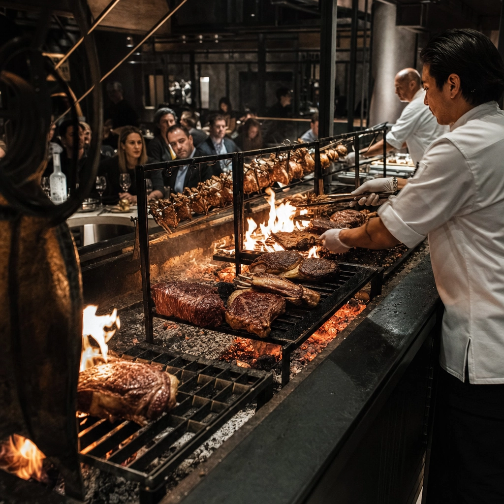 Bazaar Meat Open Fire Steakhouse Kitchen – Personal Sedan Services Theatrical open-fire central kitchen cooking whole cuts in a dramatic Las Vegas steakhouse