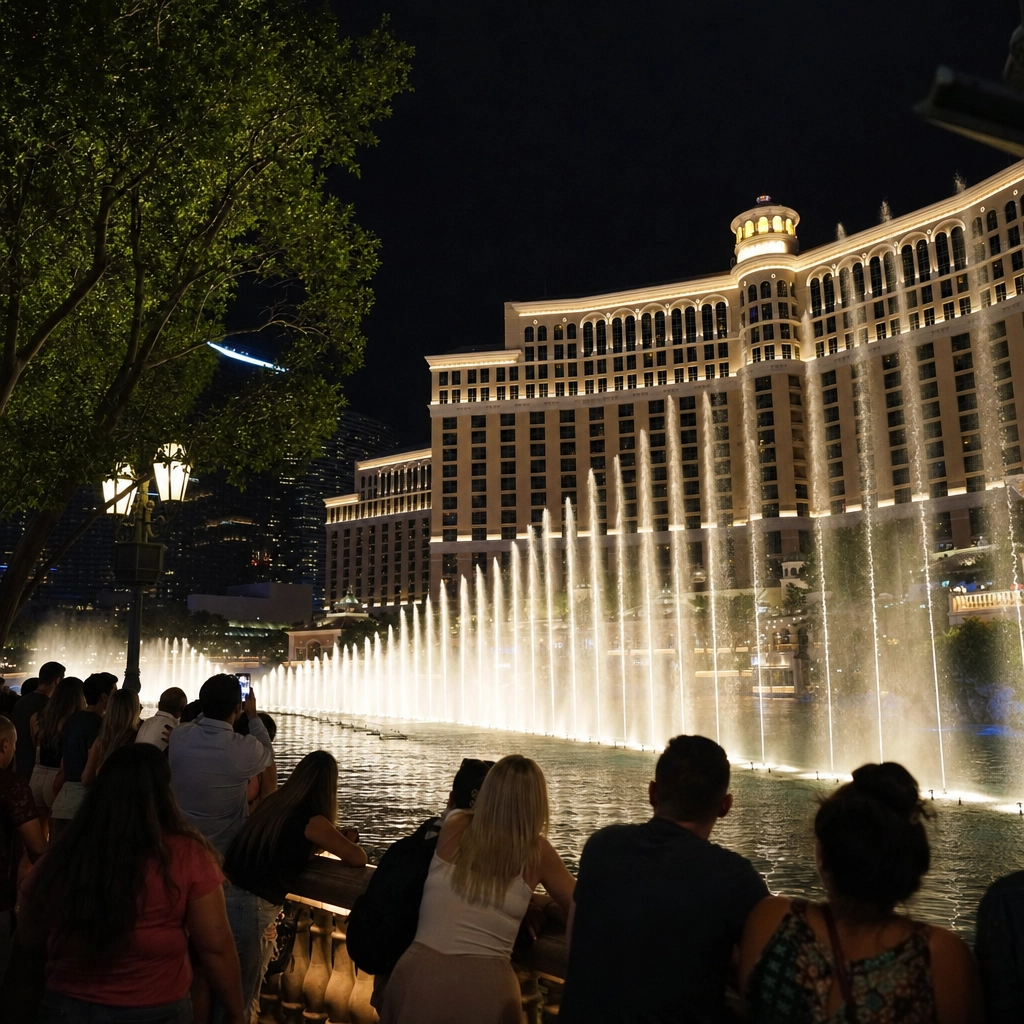 Bellagio Fountain Show At Night – Personal Sedan Services Choreographed fountain show erupting in front of the elegant Bellagio resort at night